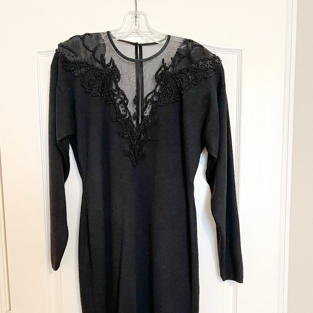 Momentos Black Knit Beaded Evening Dress - Size M